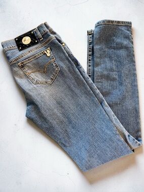 Y2k Versace Jeans Skinny Stretch Jeans 29 Logo Authentic 32x34 Unisex
